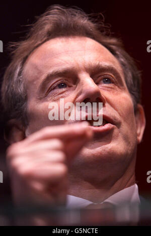 Prime Minister Tony Blair speaks at the Labour Party's Local Government and Women's Conference in Cardiff. 18/2/02: Blair is to review progress on policing in Northern Ireland and other aspects of the Good Friday Agreement during high level talks. * with Irish Premier Bertie Ahern. The two leaders are expected to discuss during their Downing Street summit the work of Northern Ireland's fledgling 19-member Police Board and efforts to persuade Sinn Fein to end its boycott of policing. Stock Photo