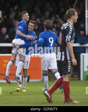 Soccer - Irn Bru Scottish Third Division - Elgin City v Rangers - Borough Briggs. Rangers' Lewis Macleod (left) celebrates his goal with Andy Little during the Irn Bru Scottish Third Division match at Borough Briggs, Elgin. Stock Photo