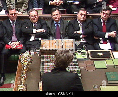 Labour's Front bench listens to Shadow Transport, Local Goverment and the Regions Secretary Theresa May responding to the Transport Secretary Stephen Byers ((3rd R) statement in House of Commons in London. * ... on the Martin Sixsmith-Jo Moore affair which has paralysed Whitehall for the last 10 days. Byers will set out his account of the events which led to Ms Moore's resignation as his special adviser and Mr Sixsmith's controversial departure as Director of Communications at the Department of Transport. Stock Photo