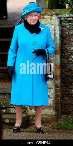 Queen Elizabeth II attends St Mary Magdalene Church, on the royal estate in Sandringham, Norfolk for the traditional Christmas Day church service. Stock Photo