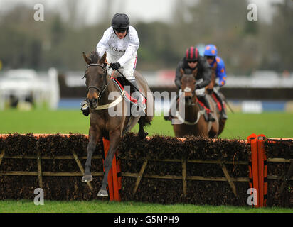 River Maigue ridden by Jockey Barry Geraghty (left) jumps the last to go on to win the William Hill - No.1 Downloaded Betting App Novices' Hurdle Stock Photo