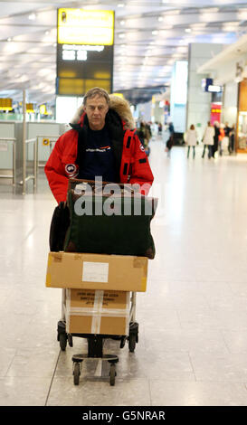 Veteran explorer Sir Ranulph Fiennes as he departs from Terminal 5 of Heathrow Airport for a gruelling Antarctic challenge. Stock Photo