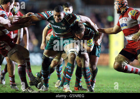 Leicester Tigers' Steve Mafi and Tom Youngs in action during the Aviva Premiership match at Welford Road, Leicester. Stock Photo