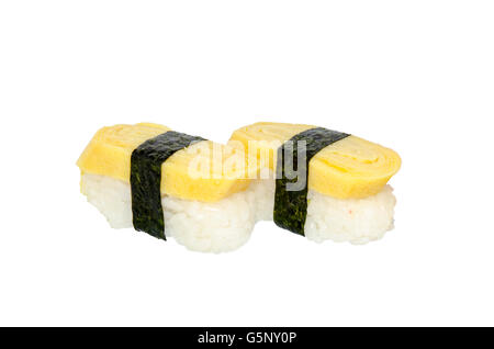 Tamago sushi. Tamago yaki is sushi using an egg, like a sushi omelette. Stock Photo