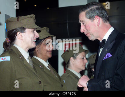 The Prince of Wales meets members of the First Aid Nursing Yeomanry (FANY) at the film premiere of 'Charlotte Gray' at the Odeon Cinema in London's Leicester Square. Stock Photo
