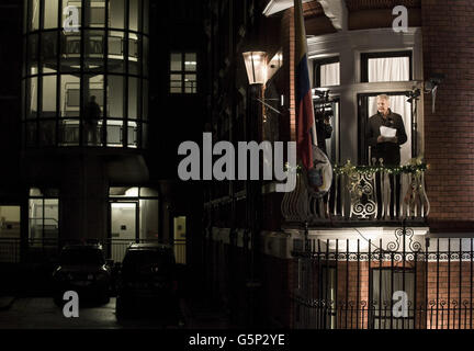 Julian Assange speaks on the balcony of the Ecuadorian Embassy in London. Stock Photo