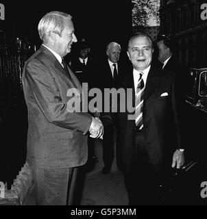 Mr Edward Heath, left, greets Mr Gaston Eyskens, the Belgian Prime Minister, on his arrival at No.10 Downing Street for talks. Stock Photo