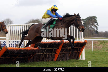 Amigo ridden by Conor O'Farrell jumps the last on their way to victory in the coral.co.uk Best Price On Horse Racing Handicap Hurdle during the Coral Welsh Grand National Day at Chepstow Racecourse, Chepstow. Stock Photo