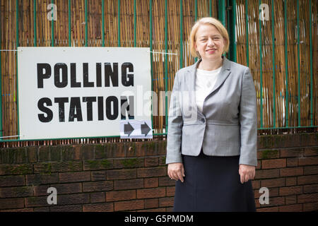 London, UK. 23rd June, 2016. Natalie Bennett, Green Party leader, outside her polling station after voting in the EU referendum. Zak Bond/Alamy Live News Stock Photo