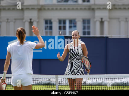 Eastbourne, UK. 23rd June, 2016. Aegon International Eastbourne Tennis Tournament Andrea Petkovic (GER) pre match practices with Kristina Mladenovic (FRA) at Devonshire Park. Credit:  Action Plus Sports/Alamy Live News Stock Photo