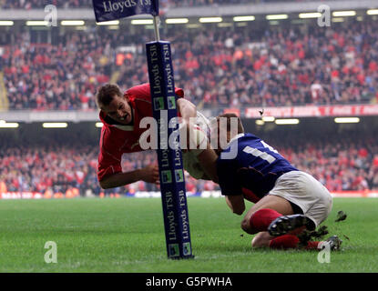 Daffed James Rugby Dafydd James of Wales makes his last gasp reach for the line in the ...