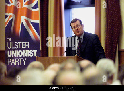 Northern Ireland First Minister and Ulster Unionist Party leader David Trimble addresses the Ulster Unionist Council's annual general meeting in Belfast, where he called for a poll on a united Ireland. Stock Photo