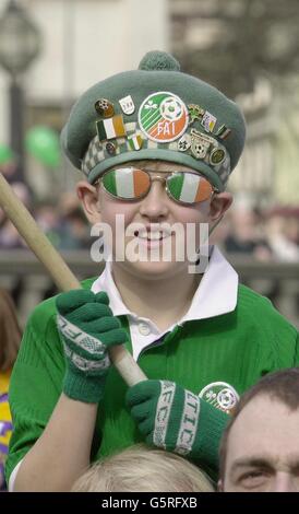 A young boy takes part in the St Patrick's Day celebrations in London's Trafalgar Square. Stock Photo