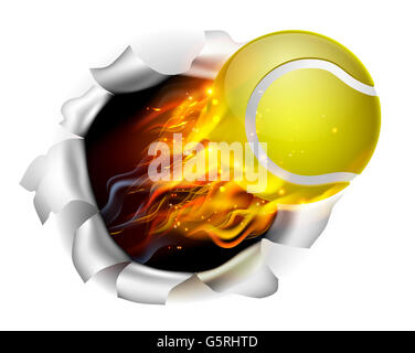 An illustration of a burning flaming tennis ball on fire tearing a hole in the background Stock Photo