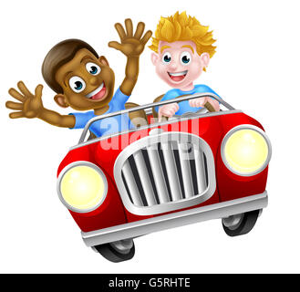 Cartoon boys, one black one white, having fun driving fast in a red car Stock Photo