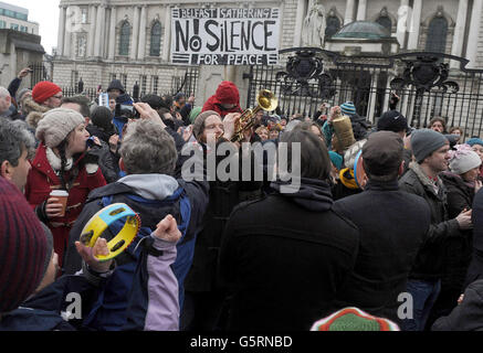 Peace protesters at Belfast City Hall, in response to the continuing loyalist flag violence.