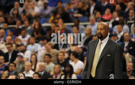 New York Knicks head coach Mike Woodson during the 2013 NBA London Live match at the O2 Arena, London. Stock Photo