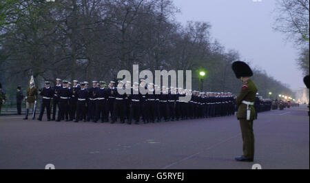 The rehearsal for the ceremonial procession that will carry the Queen Mother's coffin from the Queen's Chapel to Westminster Hall on 5/4/02 passes along The Mall and into Horse Guards in London . *The procession will stretch for half a mile, involve 1,600 servicemen and women and will be largest pageant of its sort on Britain's streets since the funeral of Sir Winston Churchill in 1965. The coffin of the Queen Mother, who died Saturday, aged 101, will then lie-in-state until her funeral on Tuesday. Stock Photo