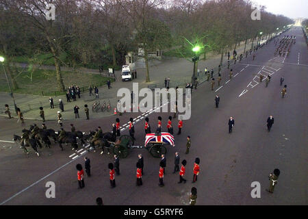 The rehearsal for the ceremonial procession that will carry the Queen Mother's coffin from the Queen's Chapel to Westminster Hall passes along The Mall and into Horse Guards in London . *The procession will stretch for half a mile, involve 1,600 servicemen and women and will be largest pageant of its sort on Britain's streets since the funeral of Sir Winston Churchill in 1965. The coffin of the Queen Mother, who died Saturday, aged 101, will then lie-in-state until her funeral on Tuesday. Stock Photo