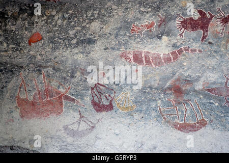 Aboriginal rock art including depictions of European ships and other boats, Stanley Island, Flinders Group National Park, Prince Stock Photo