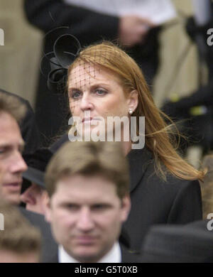 The Duchess of York leaves after Queen Elizabeth the Queen Mother's coffin is driven from Westminster Abbey, London. After the service, the Queen Mother's coffin will be taken to St George's Chapel in Windsor, where she will be laid to rest next to her husband, King George VI. Stock Photo