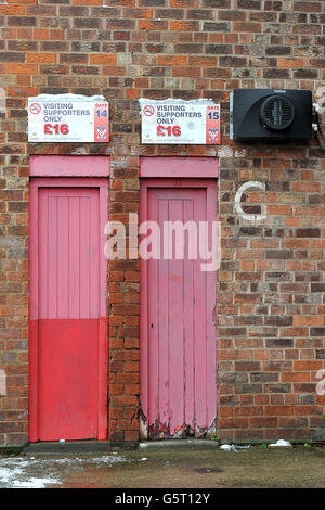 Soccer - npower Football League Two - York City v Aldershot Town - Bootham Crescent. General view of 'Visiting Supporters' signs at Bootham Crescent Stock Photo