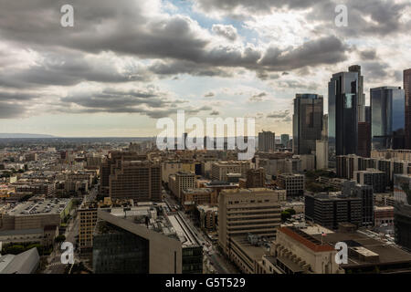 Downtown Los Angeles skyline with dark clouds in the sky Stock Photo ...