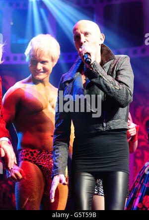 Richard O'Brien (right) and Rhydian onstage at the first night of the Rocky Horror Show at the Wimbledon Theatre in London. Stock Photo