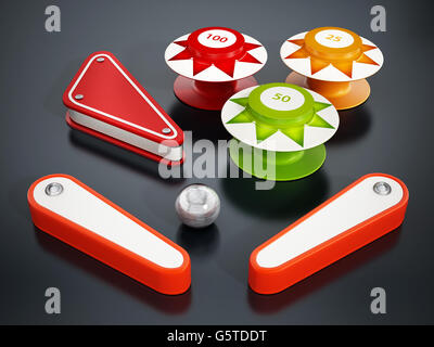 Pinball bumpers, flippers and metal ball on black background. 3D illustration. Stock Photo