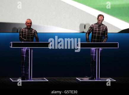 German electronic music pioneers Kraftwerk performing in the Turbine Hall of Tate Modern, in London. Stock Photo