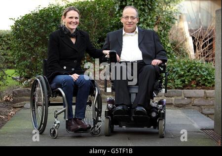 Amit Goffer (right) the scientist, quadriplegic and inventor of the Rewalk Bionic Suit, meets with Disability Campaigner and paralysed athlete Claire Lomas, who was the first ever UK user of the suit, famed for completing the London Marathon in 17 days, at the Institute of Education, central London. Stock Photo