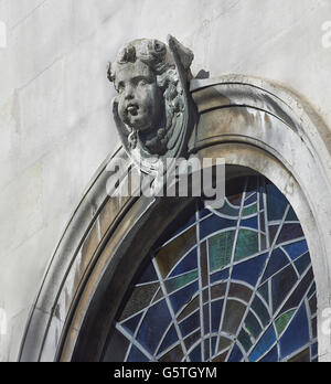 St Michael Paternoster Royal, church in the City of London;  cherub keystone on window Stock Photo