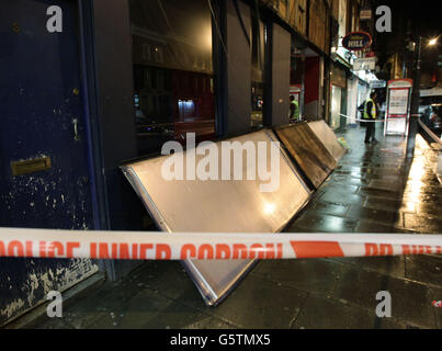 Man killed by shop sign Stock Photo