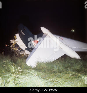 The tail section of the Brussels-bound BEA Trident aircraft, which was torn from the fuselage on impact. The plane crashed minutes after taking off from Heathrow Airport, killing all 118 people on board. Stock Photo