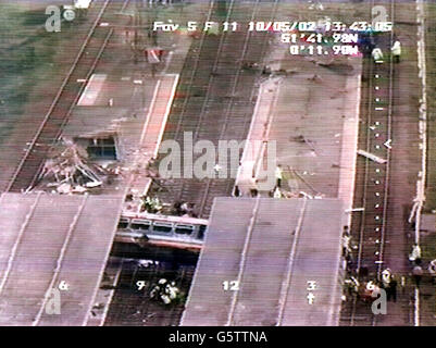 Hertfordshire Police picture of the scene at Potters Bar Railway Station, on the northern outskirts of London, where a derailment sent a passenger carriage slewing sideways over two platforms. *Six people died in the accident, and another six are critcally ill in hospital. It is Britain's fifth major rail accident in five years and happened a few miles from Hatfield, where four people died when a GNER express came off the tracks in October 2000. Stock Photo