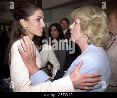 Camilla Parker Bowles meets Queen Rania of Jordan after making her first public speech in her capacity as the President of The National Osteoporosis Society, at the International Osteoporosis Foundations' Women Leaders Roundtable Conference in Lisbon, Portugal. Stock Photo