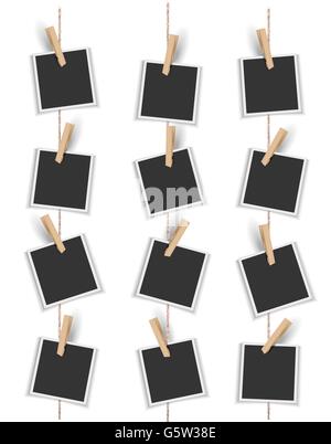 Blank photo frames hanging vertically with clothespin Stock Vector