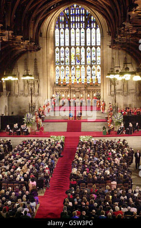 Britain's Queen Eizabeth II addresses both Houses of Parliament, at Westminster Hall, in London, in a speech which marked her 50 years as monarch. In a rare personal speech Queen Elizabeth II praised the character of the British people. * ... and thanked them for a half-century of support. At right seated is her husband Prince Philip. Stock Photo