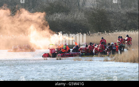 A large scale water rescue reconstruction by the Fire and Rescue Service takes place at Barton Upon Humber, North Lincolnshire as part of events to commemorate the 60th anniversary of the East Coast Flood. Stock Photo