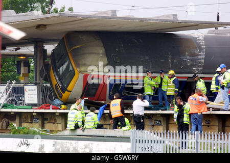 The scene of the rail crash, Potters Bar, Hertfordshire. A West Anglia Great Northern spokeswoman said it was thought that about 20 to 30 people were in the carriage that hit the bridge - 5 passengers are reported dead and several people injured. Stock Photo