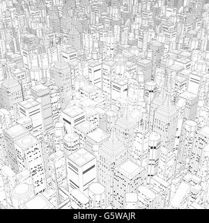 Metropolis in black and white / 3D illustration of vast line art cartoon city Stock Photo