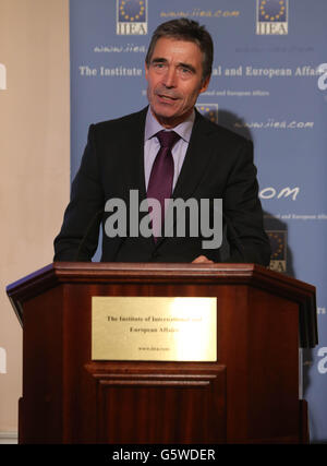Secretary General of NATO, Anders Fogh Rasmussen speaking at the Institute of International and European Affairs in Dublin. PRESS ASSOCIATION Photo. Picture date: Tuesday February 12, 2013. See PA story DEFENCE Nato. Photo credit should read: Niall Carson/PA Wire Stock Photo