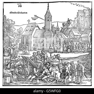 festivities, kermesse, kermesse, kermesse in Franconian village, marriage in front of the church, wood engraving, by Hans Sebald Beham (1500 - 1550), print: Albrecht Glockendon the Younger (circa 1506 - 1545), Nuremberg, 1535, Additional-Rights-Clearences-Not Available Stock Photo