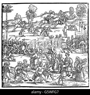 festivities, kermesse, kermesse, kermesse in Franconian village, races, wood engraving, by Hans Sebald Beham (1500 - 1550), print: Albrecht Glockendon the Younger (circa 1506 - 1545), Nuremberg, 1535, Additional-Rights-Clearences-Not Available Stock Photo