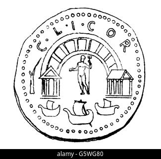 money / finances, coins, ancient world, Greece, coin with depiction of the harbour of Corinth, from Roman times, wood engraving, 19th century, ancient world, ancient times, Greek, Grecian, Roman Empire, numismatics, transport, transportation, navigation, ship, ships, harbour, harbor, harbours, harbors, port, ports, deity, divinity, deities, Poseidon, Neptune, inscription, epigraphs, inscriptions, Colonia Iulia Corinthus, coin, coins, depiction, depictions, time, times, historic, historical, ancient world, Additional-Rights-Clearences-Not Available Stock Photo