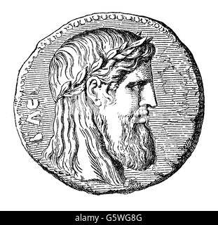 money / finances, coins, ancient world, Greece, coin, obverse, portrait of the Olympic Zeus, silver, Elis, circa 320 BC, wood engraving, 1869, Additional-Rights-Clearences-Not Available Stock Photo