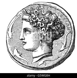 money / finances, coins, ancient world, Greece, coin, obverse, portrait of the nymph Arethusa, silver, Syracuse, wood engraving, 1869, Additional-Rights-Clearences-Not Available Stock Photo