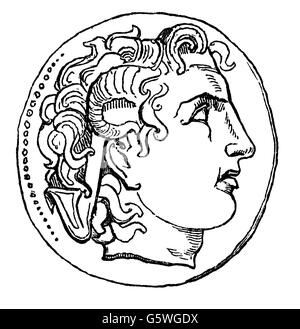 money / finances, coins, Greece, coin, with head of Alexander Great as Zeus Ammon, coined by Lysimachus, Thrace, 4th century BC, wood engraving,  from: book of inventions, trades and industries, Otto Spamer publishing house, Leipzig - Berlin, 1864 - 1867, Additional-Rights-Clearences-Not Available Stock Photo