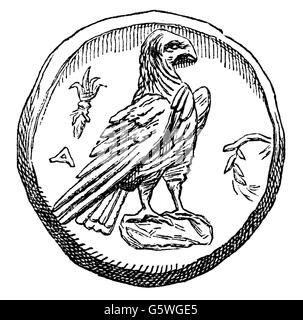 money / finances, coins, ancient world, Greece, coin, reverse, eagle of Zeus, Elis, wood engraving, from: 'Le Magasin Pittoresque', Paris, 1865, Additional-Rights-Clearences-Not Available Stock Photo