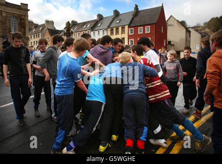 The Jedburgh Hand Ba game played in the town centre by two teams the Uppies and Doonies, who are chosen by where they live. Stock Photo